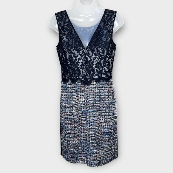 KAY UNGER metallic tweed & lace cocktail party dress size 8 black/silver holiday - Picture 2 of 6